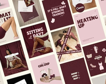 Pink Burgundy Pilates Instagram Templates: Seamless Carousels, Animated stories for Fitness coach & Yoga Studio (Canva)