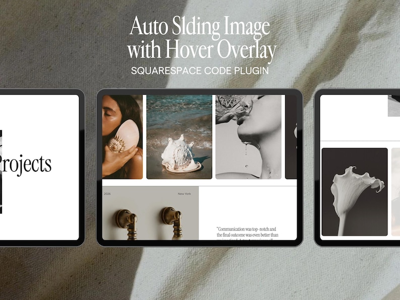 Pu&ograve; includere: Uno schermo digitale che mostra un plugin di codice Squarespace intitolato Auto Sliding Image with Hover Overlay. Il display presenta un layout a griglia con fotografie in bianco e nero, tra cui immagini di conchiglie, un fiore e ferramenta in ottone.