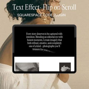 Puede incluir: Una pantalla de tableta digital muestra una interfaz de sitio web con un fondo negro y texto blanco con serifa que dice: Every story deserves to be captured with intention. Blending an editorial eye with honest moments, I create imagery.