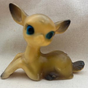 Vintage Celluloid Deer Figure | Made in Hong Kong in 1950s | Rare Fawn Figurine | Big Blue Eyes | Mid-Century Modern MCM | Retro Plastic Toy