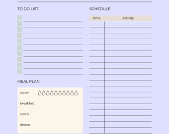 May include: A light purple daily planner with sections for top priority, to do list, schedule, meal plan, shopping list, and notes. The planner has a simple design with black lines and a light grey background.