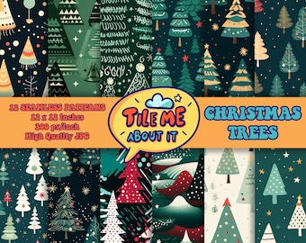 May include: A collection of 12 seamless Christmas tree patterns, each 12 x 12 inches, with a resolution of 300 px/inch. The designs feature various stylized Christmas trees in shades of green, red, and white, set against dark backgrounds. The image includes the text "TILE ME ABOUT IT" and "CHRISTMAS TREES".