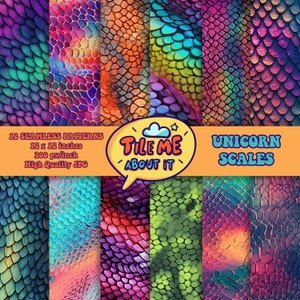 May include: Twelve seamless patterns of iridescent unicorn scales in various colors. Each pattern is 12 inches by 12 inches and 300 pixels per inch. High quality JPG files. "Tile Me About It" and "Unicorn Scales" are written in the image.