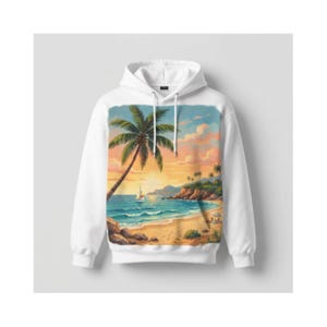 Puede incluir: Una sudadera con capucha blanca que presenta un gran estampado gráfico rectangular en la parte delantera. La ilustración muestra una escena de playa tropical al atardecer con una palmera, un velero en el océano, acantilados y arena.