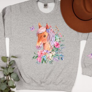 Floral Horse Sweatshirt with Sleeve Design, cottagecore clothing, equestrian,  Mothers Day Gift, gift for horse lover, Cute Sweatshirt