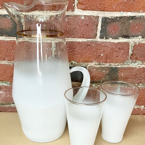 White Ombre Pitcher and Glasses, Blendo, West Virginia Glass, Set of Three (3)