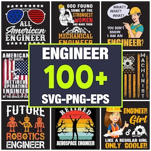 Puede incluir: Un collage de ilustraciones coloridas con diferentes tipos de ingenieros. El texto "Engineer 100+ SVG-PNG-EPS" se muestra en letras grandes y en negrita.