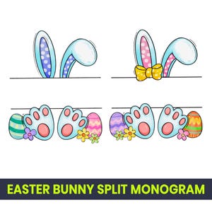 Puede incluir: Diseño de monograma dividido de conejo de Pascua con orejas de conejo azules, lazo rosa y amarillo y patas de conejo azules con huevos de Pascua pastel y flores.