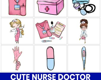 Paquete de imágenes prediseñadas PNG de enfermeras y médicos, gráficos de atención médica (descarga digital)