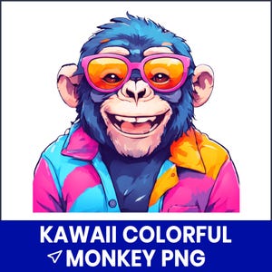 Kawaii Monkey PNG Clipart, Colorful Cartoon Monkey Art, Jungle Animal PNG, Cute Baby Monkey Sublimation, Printable Kids Decor