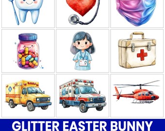 Watercolor Medical Clipart PNG Bundle, Healthcare Illustrations (Digital Download)