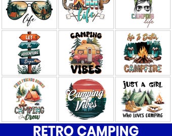 Retro Camping PNG Bundle, Vintage Camper, Campfire Graphics (Digital Download)