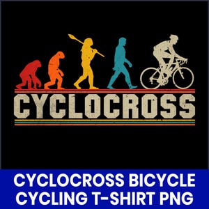 Può includere: T-shirt nera con un design retrò che raffigura l'evoluzione dell'uomo in ciclista. La parola "CYCLOCROSS" è in testo invecchiato. Sotto, strisce orizzontali rosse, arancioni, gialle e blu.