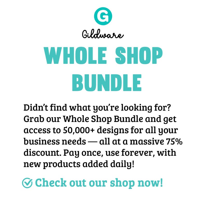 Puede incluir: Fondo blanco con el logotipo de Gildware y el texto &laquo;WHOLE SHOP BUNDLE&raquo; en color turquesa. El texto promociona el acceso a m&aacute;s de 50.000 dise&ntilde;os para las necesidades empresariales con un 75% de descuento. Incluye un llamado a la acci&oacute;n para visitar la tienda.