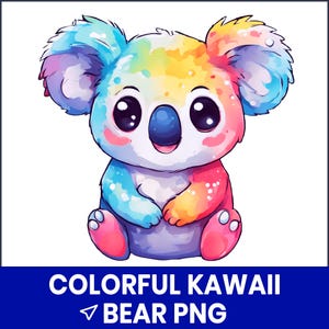 Colorful Kawaii Bear PNG Clipart, Pastel Bear Illustrations, Cute Animal Stickers, Rainbow Teddy Art, Printable Graphics, 300 DPI PNG