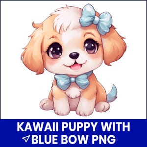 Kawaii Puppy with Blue Bow PNG, Cute Dog Clipart, Pastel Puppy Illustration, Cartoon Pet Graphic, Sublimation Design, Digital Download File