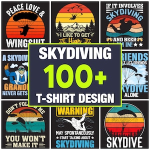 Más de 100 diseños de camisetas de paracaidismo: imágenes prediseñadas de paracaídas en formato SVG y PNG (descarga digital).