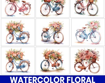 Paquete de imágenes prediseñadas de bicicletas con motivos florales en acuarela, bicicleta vintage en formato PNG (descarga digital)