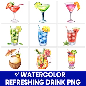 Watercolor Drink PNG Bundle, Refreshing Beverage Clipart, Summer Juice Clipart, Smoothie PNG, Iced Drink Art, Printable Drink Graphics