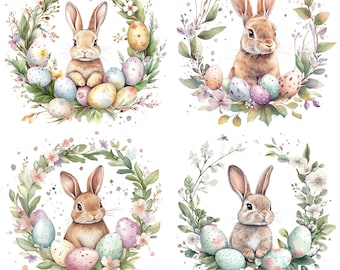 Aquarell Osterhase Clipart, Blumenkranz PNG (digitaler Download)