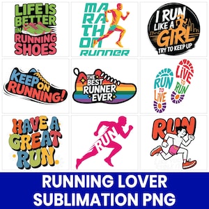 Op de afbeelding: Een verzameling kleurrijke grafische ontwerpen met hardlooptitels. Ontwerpen bevatten tekst als "Life is Better in Running Shoes", "Keep on Running" en "Have a Great Run". Andere ontwerpen tonen hardloopschoenen en een hardlopersilhouet.