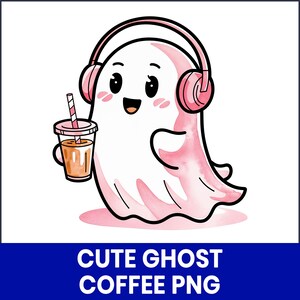 May include: A cute cartoon ghost wearing pink headphones and holding a coffee drink with a striped straw. The ghost is light pink with black eyes and a smiling mouth. The image has the text "CUTE GHOST COFFEE PNG" in white letters on a blue background.