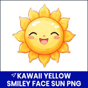 Kawaii Sun PNG Clipart, Yellow Smiley Face Sun, Cute Sunshine Illustration, Happy Sun PNG, Kids Wall Art, Sublimation Design