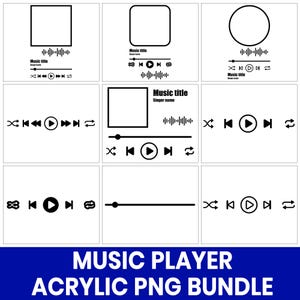 May include: A collection of black and white music player designs. Each design includes a play button, skip buttons, and a progress bar. The designs feature different shapes for the music display area, including squares and circles. The text "Music title" and "Singer name" are included.