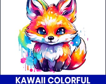 Kawaii Colorful Fox PNG Clipart, Nursery Art (Digital Download)