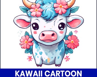 Clipart PNG di mucca Kawaii, illustrazione di animale da fattoria in stile cartone animato (download digitale)