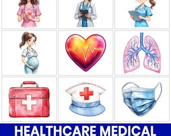 Paquete de imágenes prediseñadas médicas en acuarela en formato PNG, gráficos de médicos y enfermeras (descarga digital)