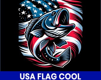USA Flag Fishing Bass PNG, Patriotic Angler Clipart (Digital)