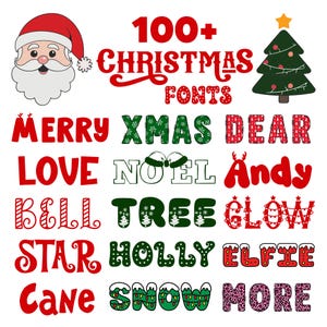 Paquete de más de 100 fuentes navideñas: fuentes festivas, manuscritas, monográficas, manuscritas, con forma de bastón de caramelo y de Papá Noel, descarga instantánea en SVG, TTF y OTF