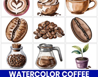 Watercolor Coffee Clipart PNG Bundle, Cafe Illustration (Digital Download)
