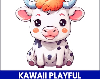 Clipart PNG di mucca Kawaii, illustrazione di animale da fattoria (download digitale)
