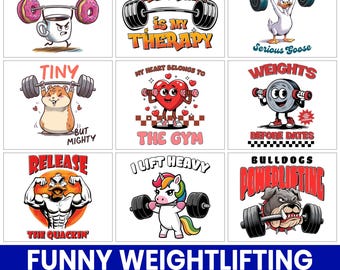 Paquete de imágenes PNG divertidas sobre levantamiento de pesas, imágenes prediseñadas de humor para el gimnasio (descarga digital)