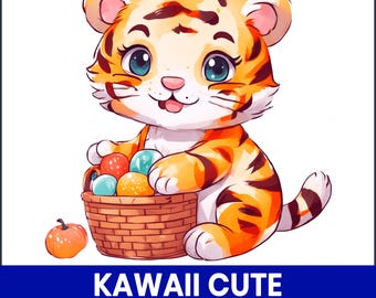 Kawaii Tiger Illustration, Jungle Animal Clipart (Digital Download)