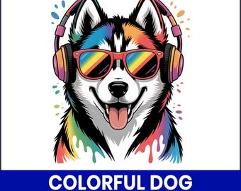 May include: A colorful illustration of a dog wearing sunglasses and headphones. The dog's fur is a mix of rainbow colors, with black and white accents. The sunglasses have rainbow lenses, and the headphones are also rainbow-colored. The image has the text "COLORFUL DOG SUBMLIMATION PNG" at the bottom.