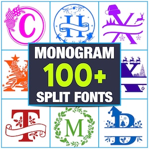 May include: A collection of over 100 split fonts for creating Christmas monograms. The fonts feature various festive designs, including wreaths, baubles, reindeer, and Christmas trees. The fonts are available in a variety of colours, including red, green, blue, and purple.