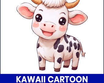 Clipart PNG di mucca Kawaii, adorabile animale da fattoria (download digitale)