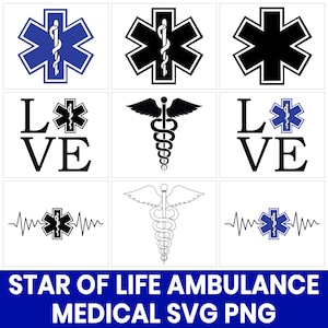 Star of Life Ambulance Medical SVG PNG Bundle, EMT Paramedic Star of Life Icon Clip Art, Emergency Vehicle Healthcare Designs