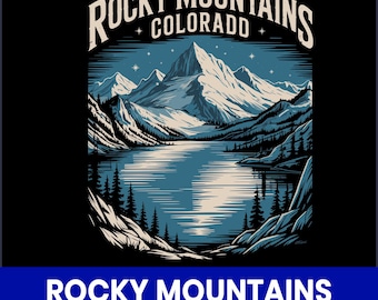 May include: A graphic design featuring a mountain lake scene with the text "Rocky Mountains Colorado". The image has a vintage style with a dark blue and white color palette. The design includes mountains, trees, and a lake.