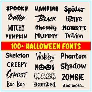 Pode incluir: Uma imagem gráfica que mostra uma coleção de mais de 100 fontes de Halloween em texto preto sobre um fundo branco. As fontes são exibidas em um formato de grade com cada nome de fonte escrito no estilo da fonte. O texto "100+ HALLOWEEN FONTS" é exibido em texto vermelho e amarelo na parte superior da imagem.