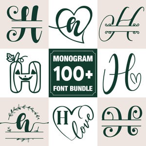 Op de afbeelding: Een verzameling van meer dan 100 monogram-lettertypen in een groene vierkant met witte tekst die "Monogram 100+ Lettertypebundel" luidt. De afbeelding toont ook verschillende voorbeelden van de lettertypen in verschillende stijlen, waaronder een hart, een pompoen en een krans.