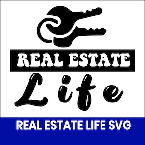 以下が含まれることがあります： 黒と白のグラフィックで、太字の「REAL ESTATE LIFE」という言葉の上に鍵のシルエットがあります。 下には、「REAL ESTATE LIFE SVG」というテキストが青い長方形の中にあります。