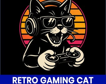 Retro Gaming Cat PNG, Vaporwave T-Shirt Design