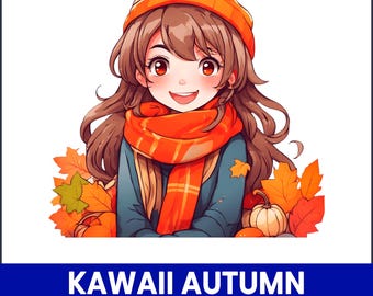 Kawaii Autumn Girl Clipart, Cozy Chibi PNG (Digital Download)