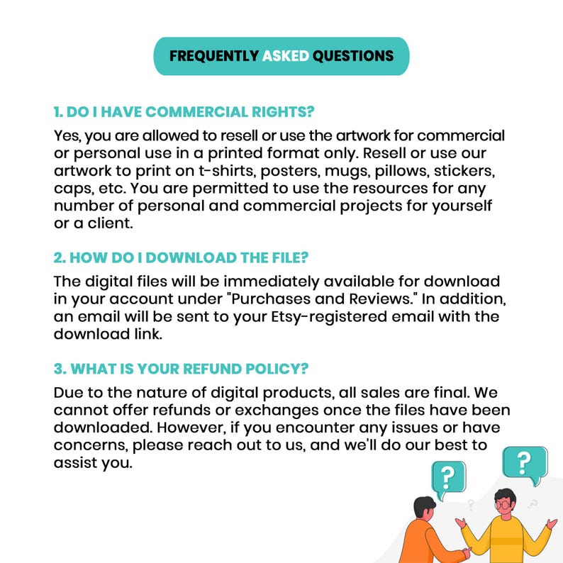 May include: A teal banner reading "FREQUENTLY ASKED QUESTIONS" tops a list of queries. The text covers commercial rights, file downloads, and refund policies. Two cartoon figures with question marks are at the bottom.