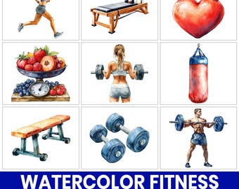 Watercolor Fitness Clipart PNG Bundle, Gym & Yoga Illustrations (Digital Download)