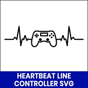 Puede incluir: Gráfico en blanco y negro de un mando de videojuegos integrado en una línea de latidos. El texto "HEARTBEAT LINE CONTROLLER SVG" se muestra en blanco sobre un fondo azul.